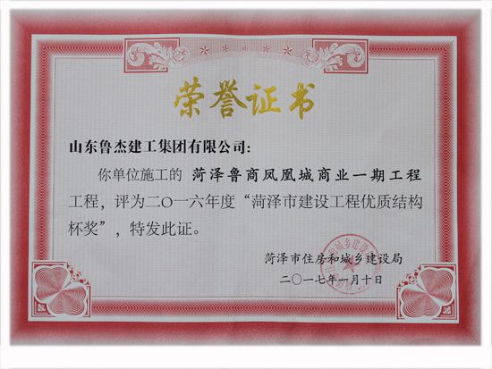 2016年度菏泽市建筑工程优 质结构杯奖