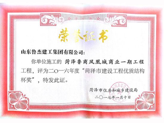 2016年度菏泽市建设工程优 质结构杯奖