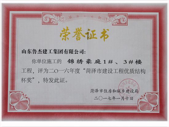 2016年度菏泽市建筑工程优 质结构杯奖