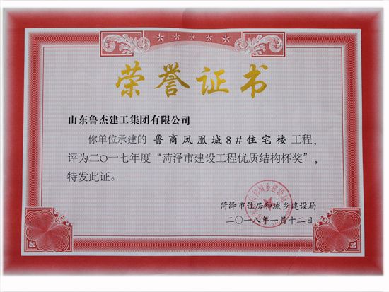 2017年度菏泽市建筑工程优 质结构杯奖